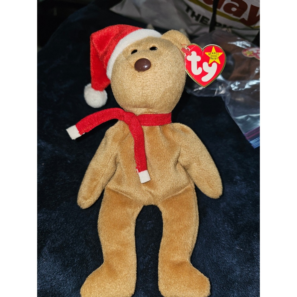 Ty Beanie Baby 1997 Holiday Teddy Tan Bear Christmas Santa Hat Scarf Plush Toy